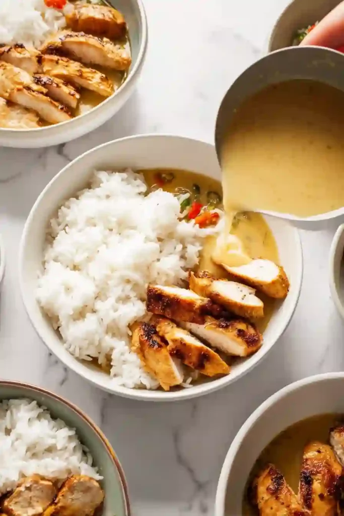 Cozy Yellow Curry Chicken Lemongrass Broth Bowl (Light & Flavor-Packed) 3 Overhead view of sliced grilled chicken served over rice with broth being poured into a bowl
