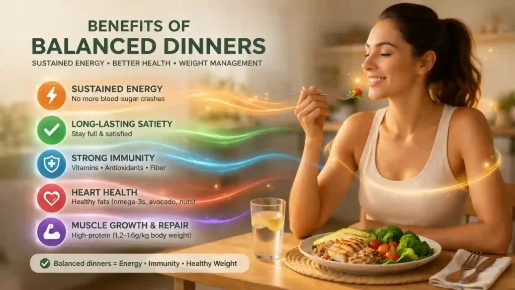 Healthy Dinner: Balanced Evening Meals Without Compromise 3 family eating healthy balanced dinner with vegetables protein and whole foods supporting energy and immunity
