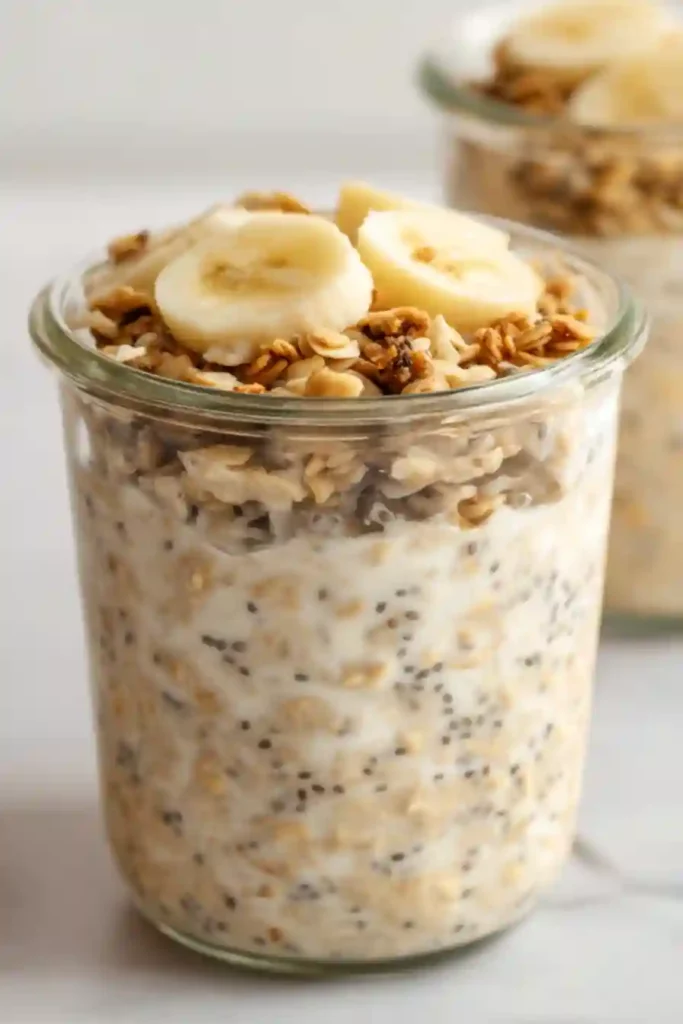 Close-up of overnight oats in a glass jar topped with banana slices and granola