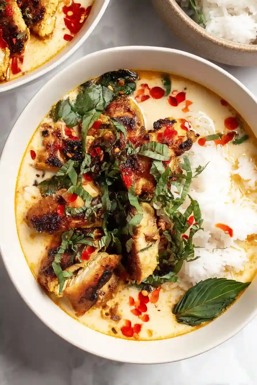 Close-up lemongrass curry chicken bowl with rice and chili oil