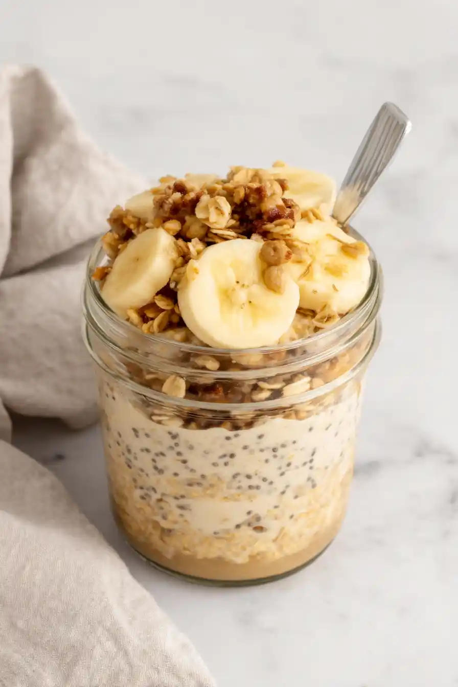 Brown sugar overnight oats jar with banana slices and granola topping close-up