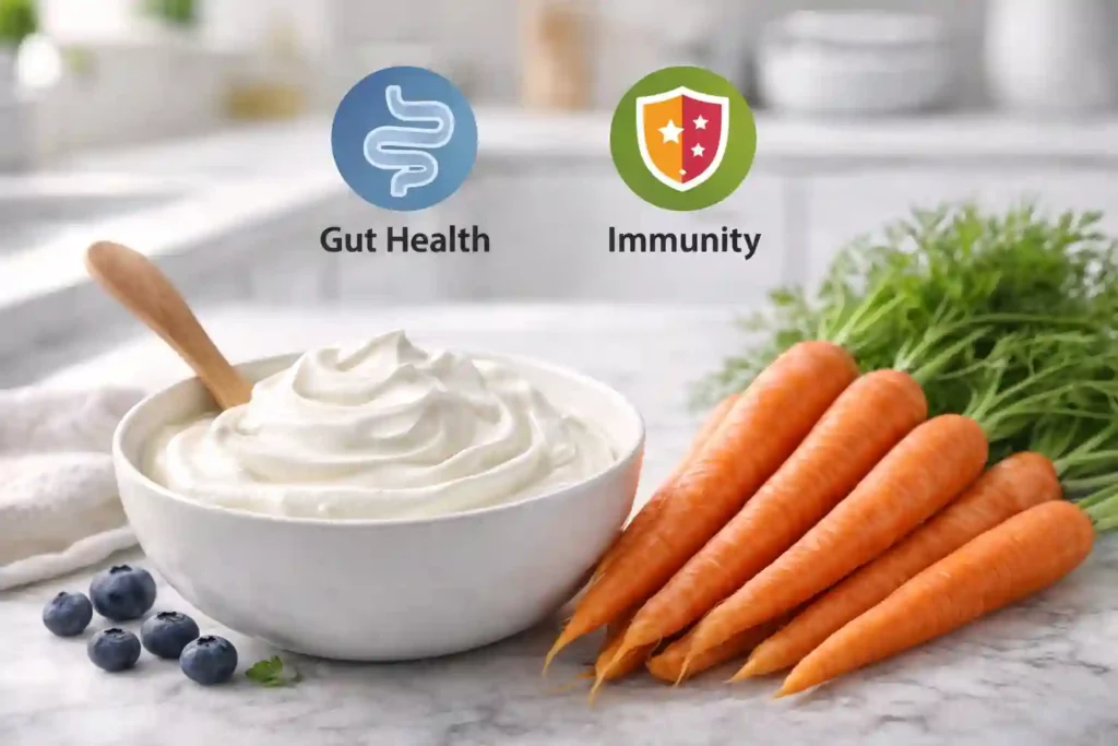 Greek yogurt and fresh carrots on a kitchen counter for dessert ingredient ideas