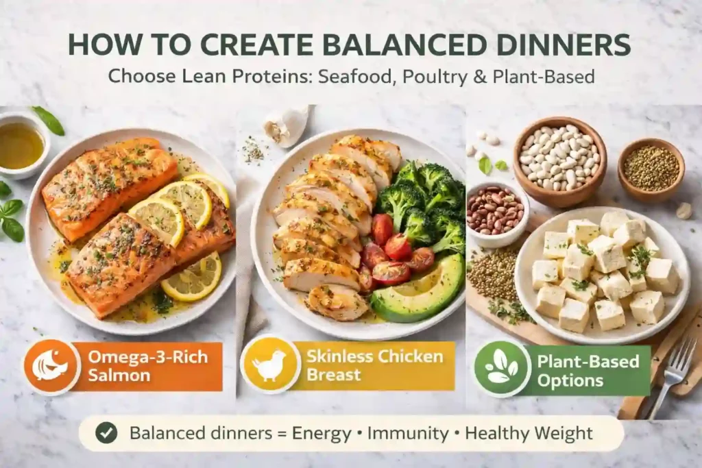 Healthy Dinner: Balanced Evening Meals Without Compromise 4 lean protein foods including salmon chicken breast beans lentils and tofu for balanced healthy dinner