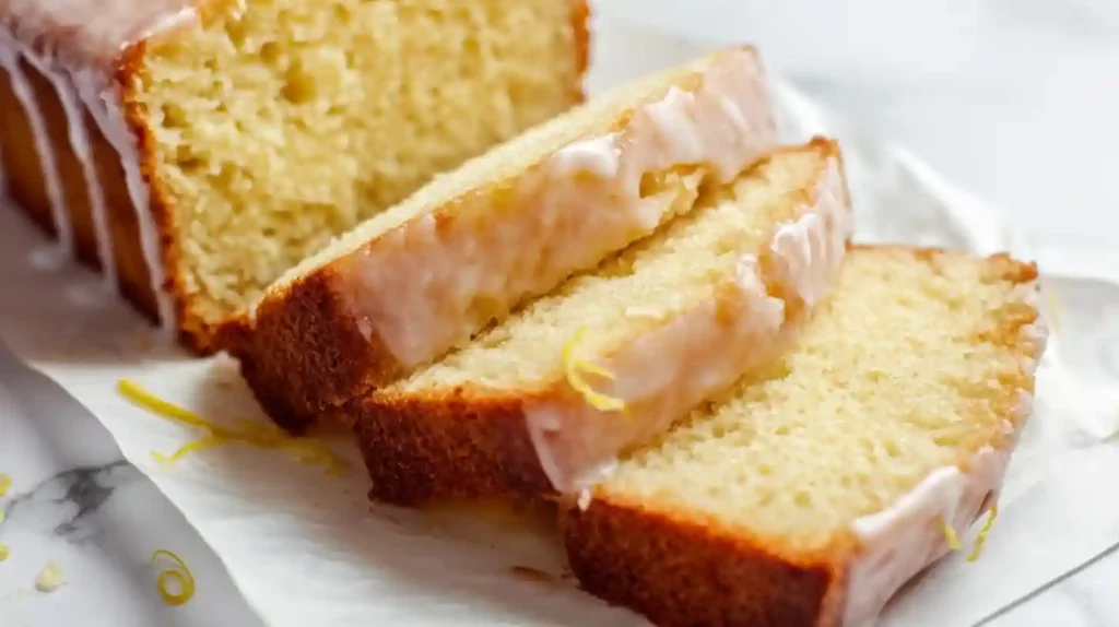 Sliced lemon yogurt cake with olive oil and light glaze on white parchment paper