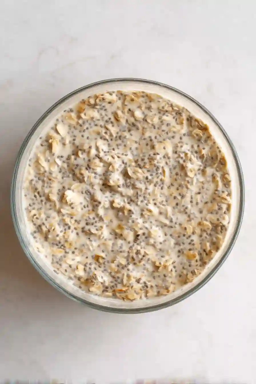 Top view of fully mixed overnight oats with oats and chia seeds in a glass bowl