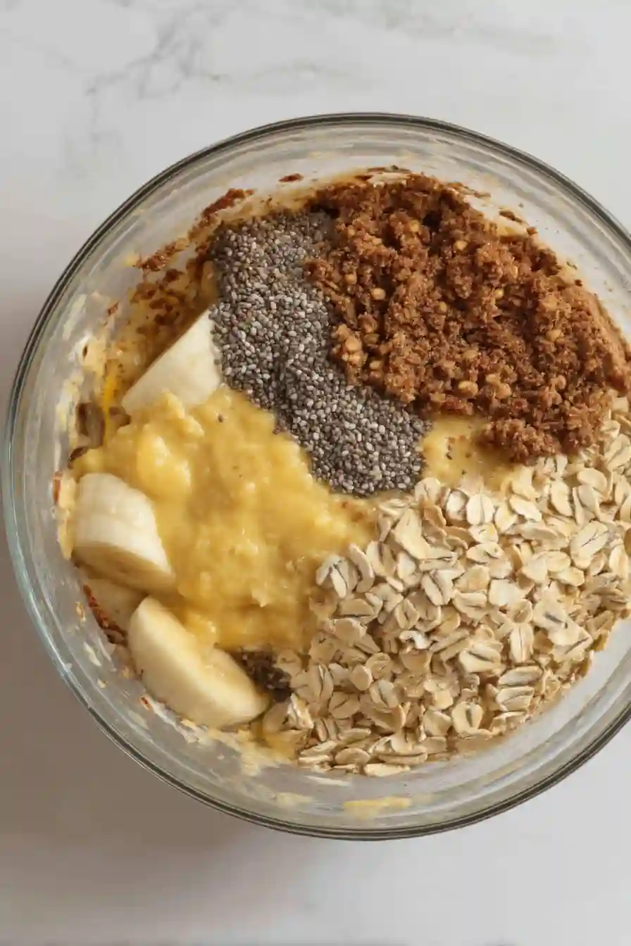 Top view of a glass bowl with mashed banana, chia seeds, oats, and brown sugar before mixing