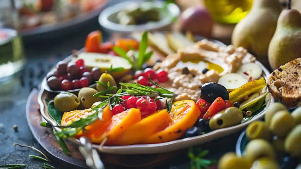 healthy breakfast with seasonal fruits Mediterranean ingredients olive oil hummus vegetables and whole grains