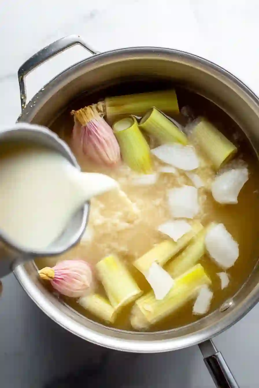 Overhead view of broth with lemongrass, shallots, and coconut milk being poured into a saucepan