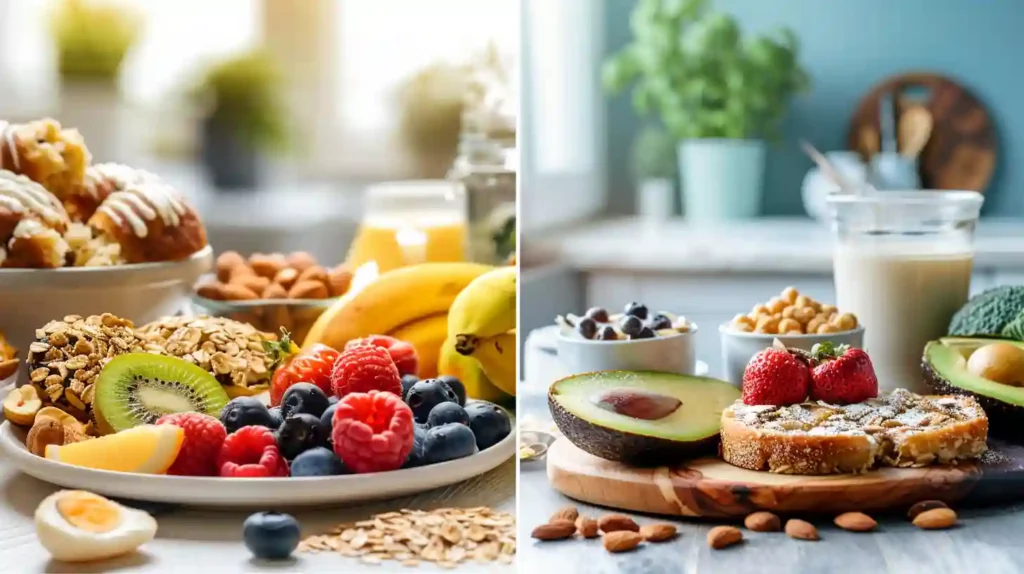 healthy breakfast vs processed breakfast comparison with oats fruits and avocado against sugary cereals and pastries
