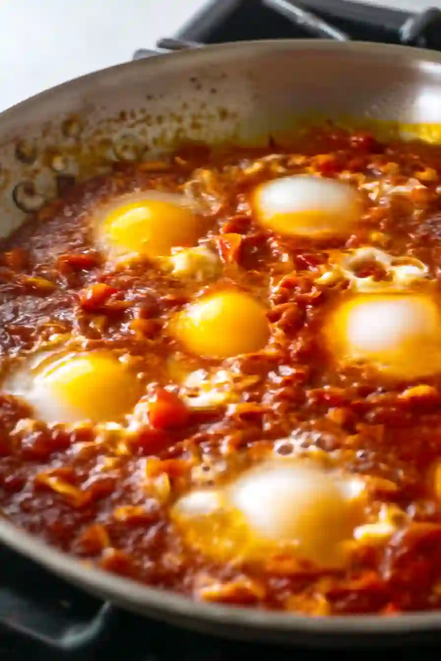Adding Eggs to Shakshuka Sauce Eggs cracked into simmering tomato sauce in a skillet