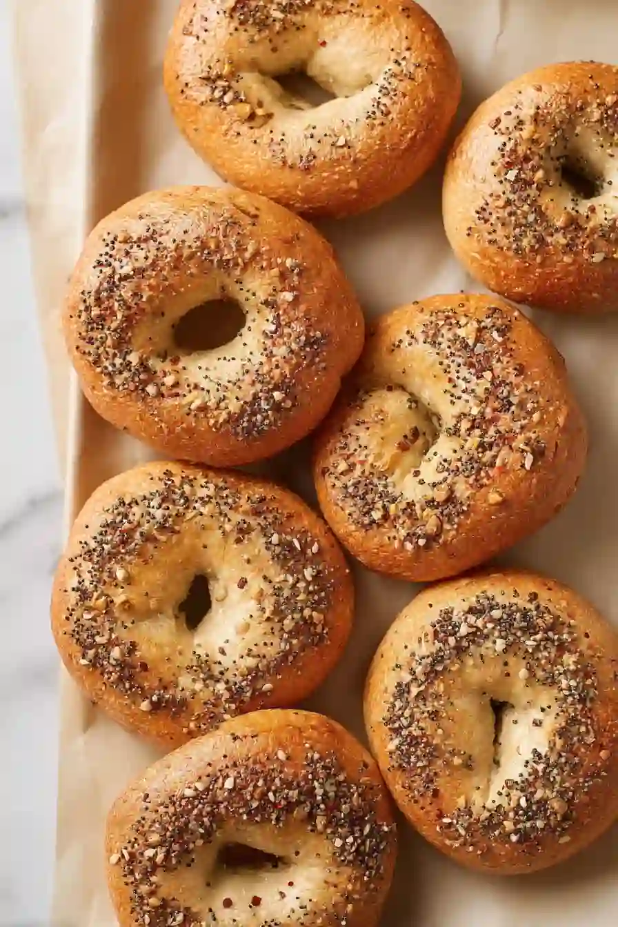 Close-up vertical view of protein bagels with everything seasoning on parchment paper