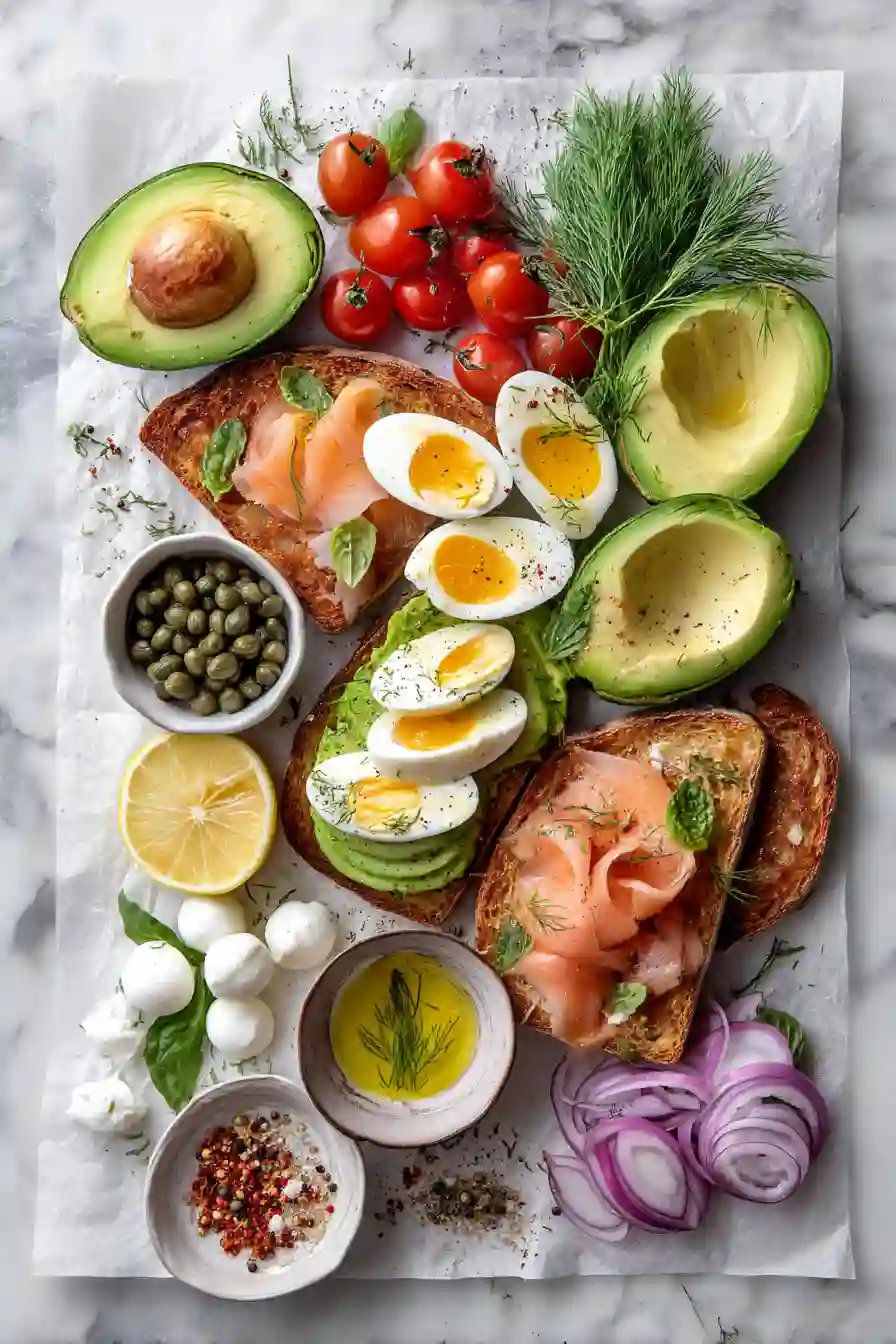Ingredients for four avocado toast variations including eggs, smoked salmon, tomatoes, mozzarella, and avocado neatly arranged