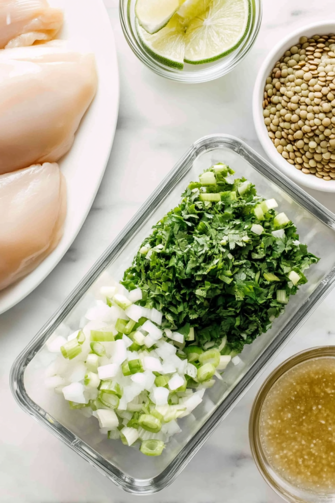 chopped cilantro green onion and onion in glass container with lime juice and raw chicken
