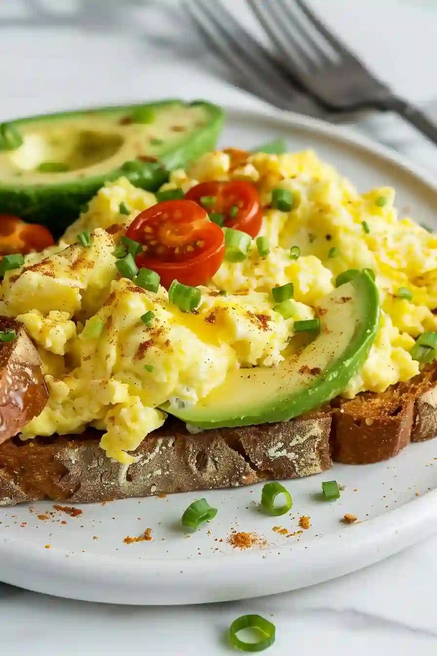 Close-up of scrambled eggs and avocado on toast with cherry tomatoes side
