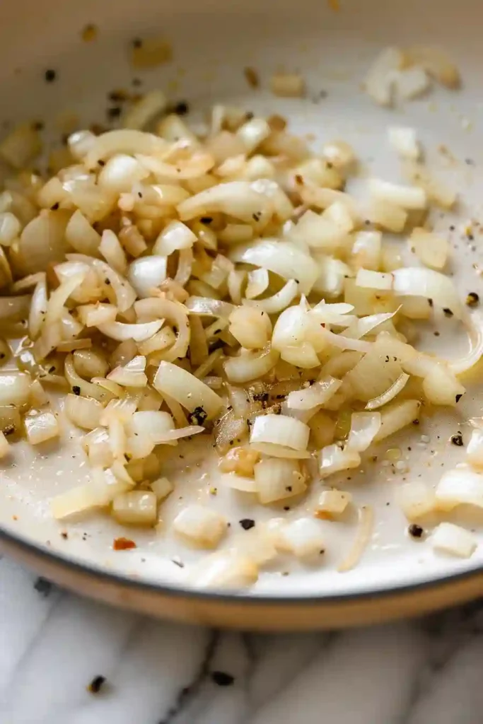 Diced onions and minced garlic sautéing in olive oil in a skillet