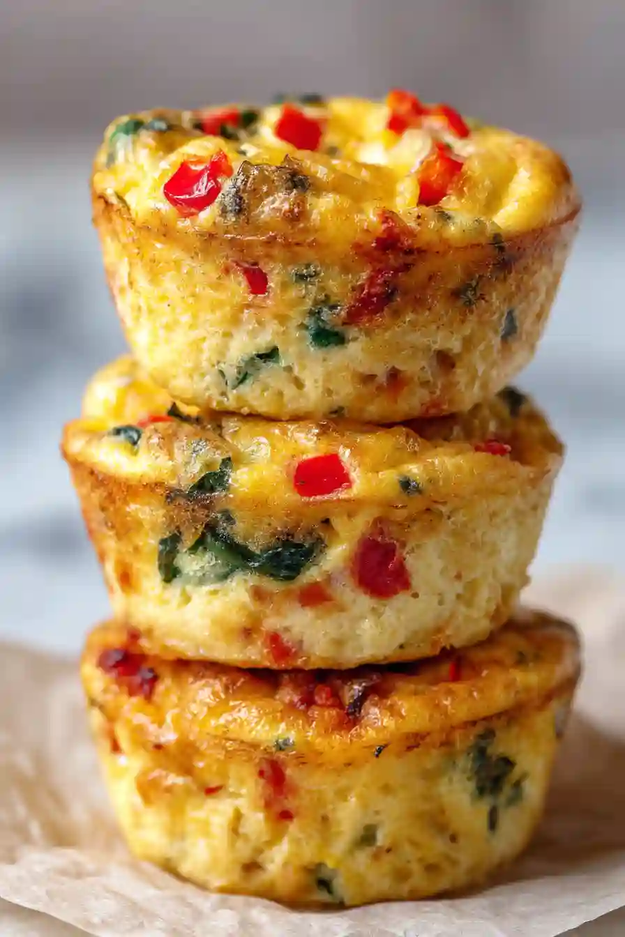 Easy Frittata Egg Muffins Recipe Stack of vegetable frittata egg muffins with golden crust close-up