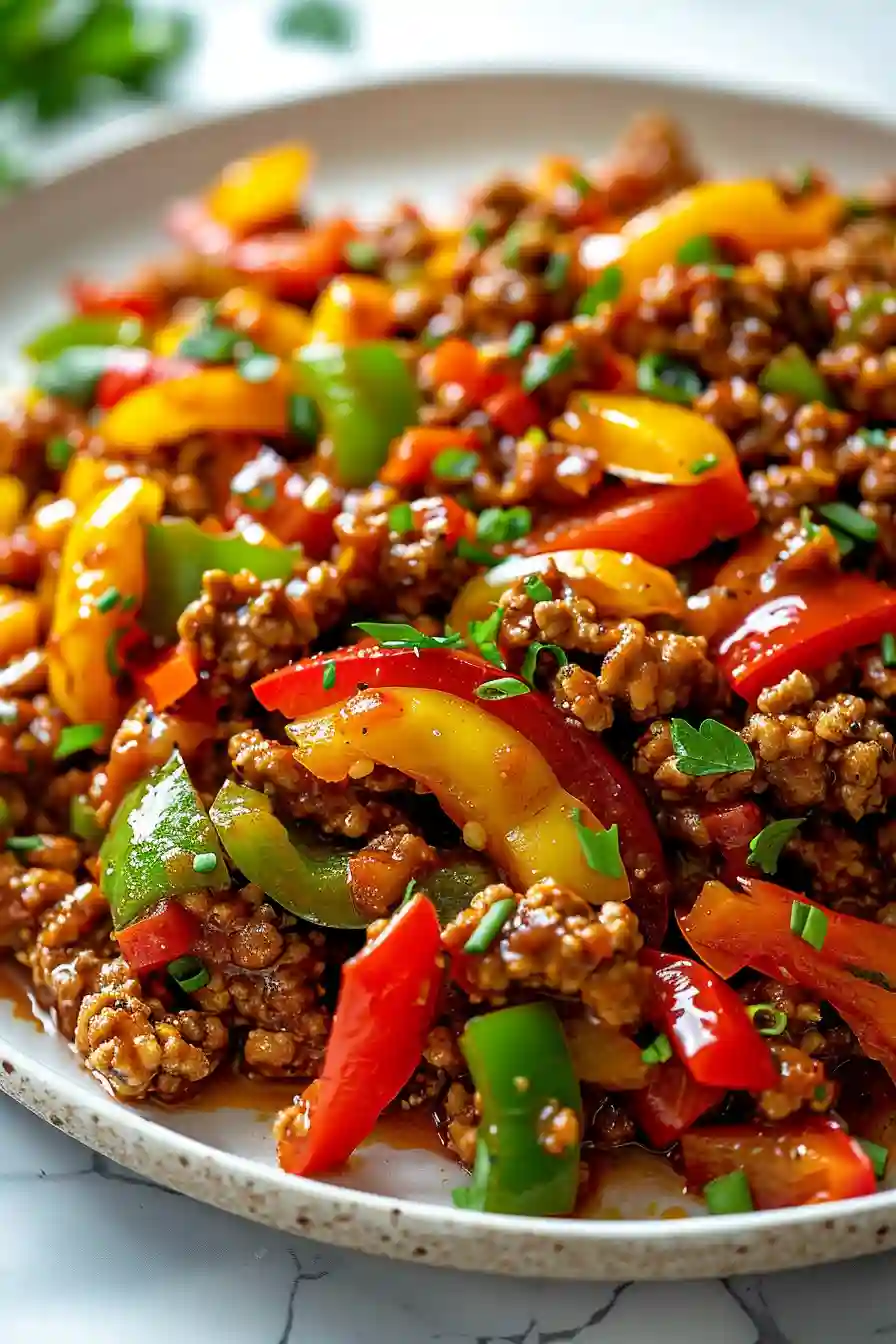 Ground turkey cooked with red, yellow, and green bell peppers in a glossy sauce