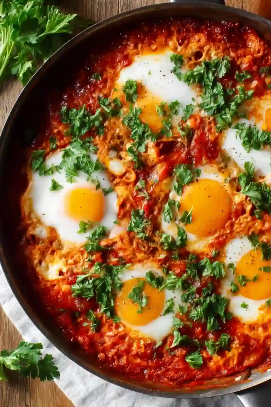 Delicious shakshuka with eggs and tomato sauce in skillet, garnished with herbs