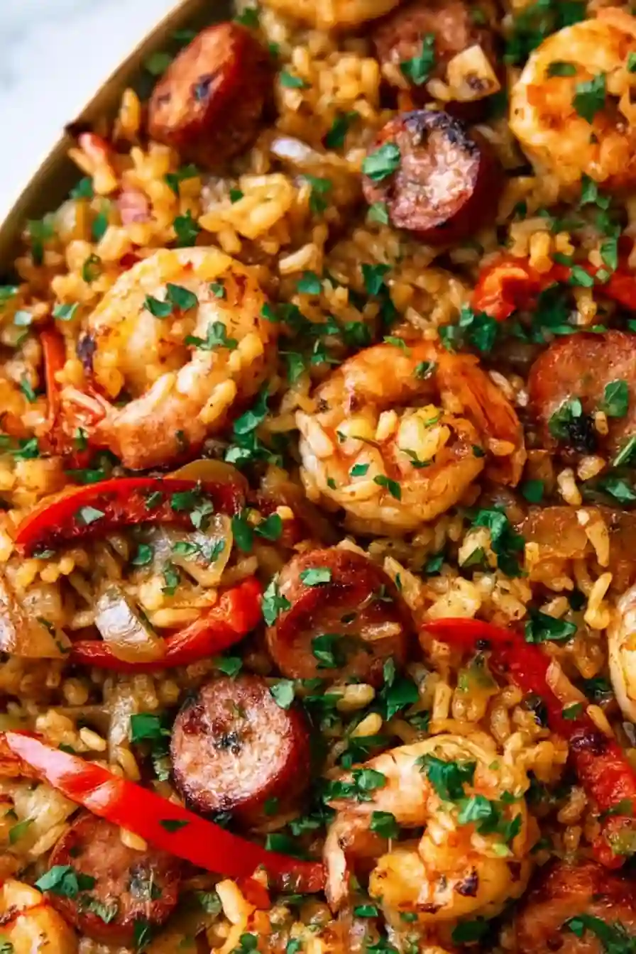 Vertical close-up of jambalaya with shrimp and sausage in vibrant Cajun style