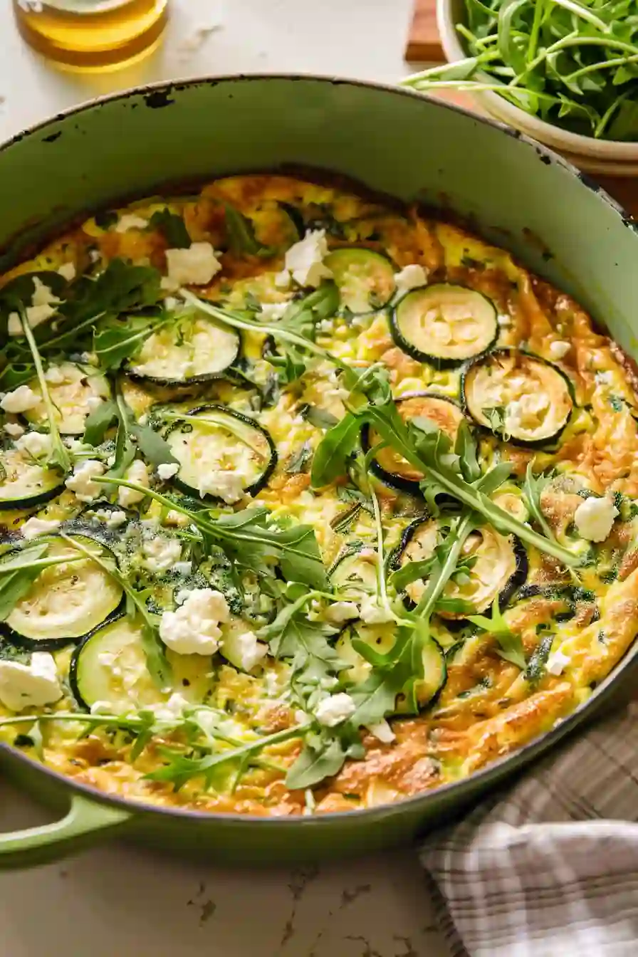 Easy Zucchini Frittata with Feta Homemade zucchini feta frittata with greens in skillet close-up vertical