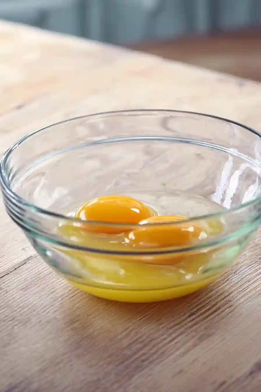 Raw eggs cracked into a clear glass bowl on a wooden surface