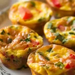 Golden baked frittata egg muffins with vegetables stacked on parchment paper