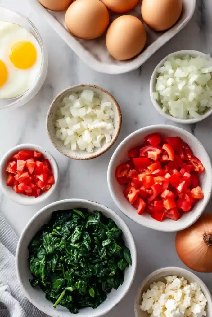 Fresh ingredients for frittata egg muffins including eggs, spinach, peppers, tomatoes, feta and shallots