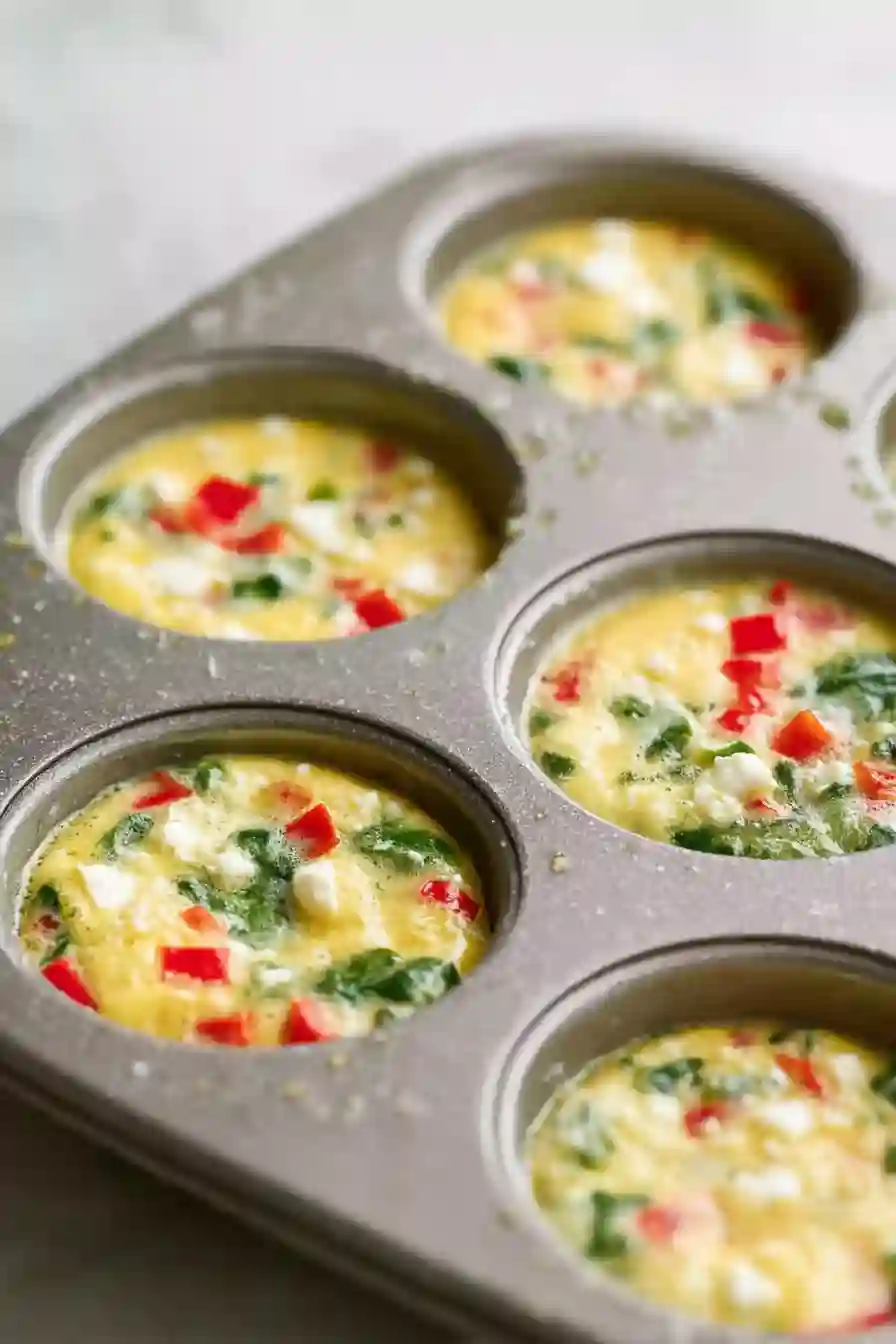 Egg muffin mixture poured into a muffin tin with vegetables before baking