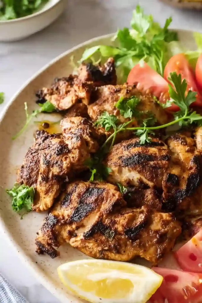 Easy Chicken Shawarma Recipe: High-Protein 5 Close-up of grilled chicken shawarma pieces served on a plate with parsley, lemon, tomato, and lettuce