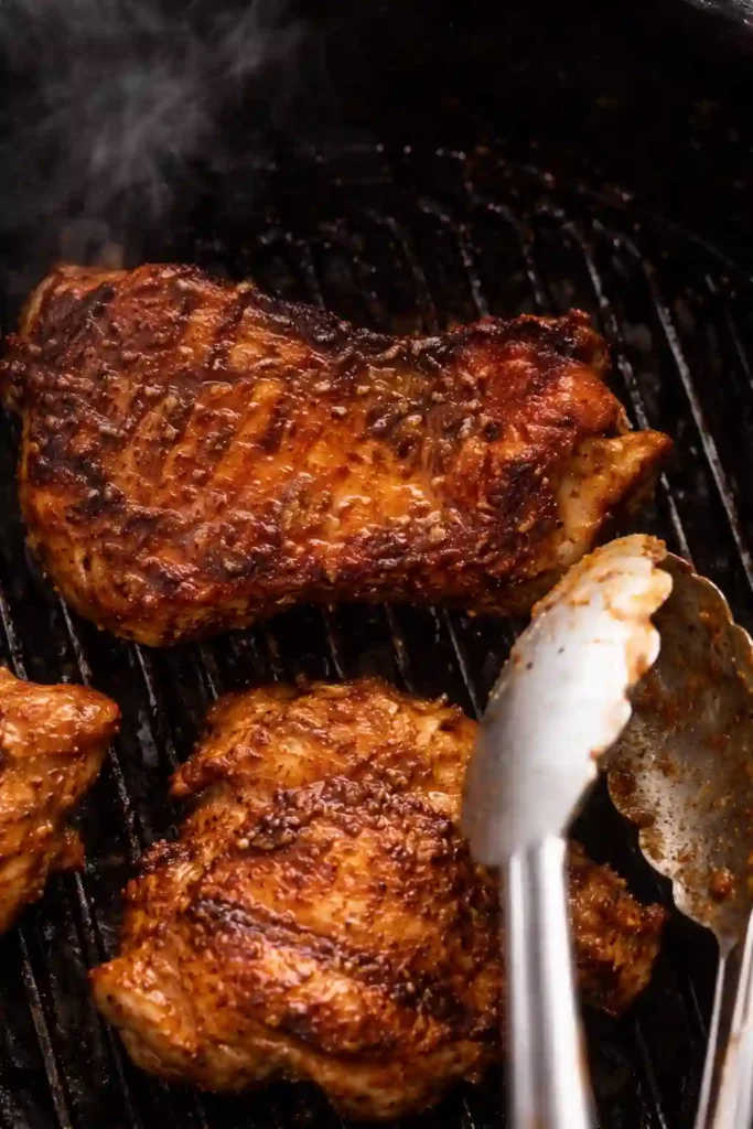 Easy Chicken Shawarma Recipe: High-Protein 4 Close-up of marinated chicken shawarma grilling with charred texture on barbecue grill