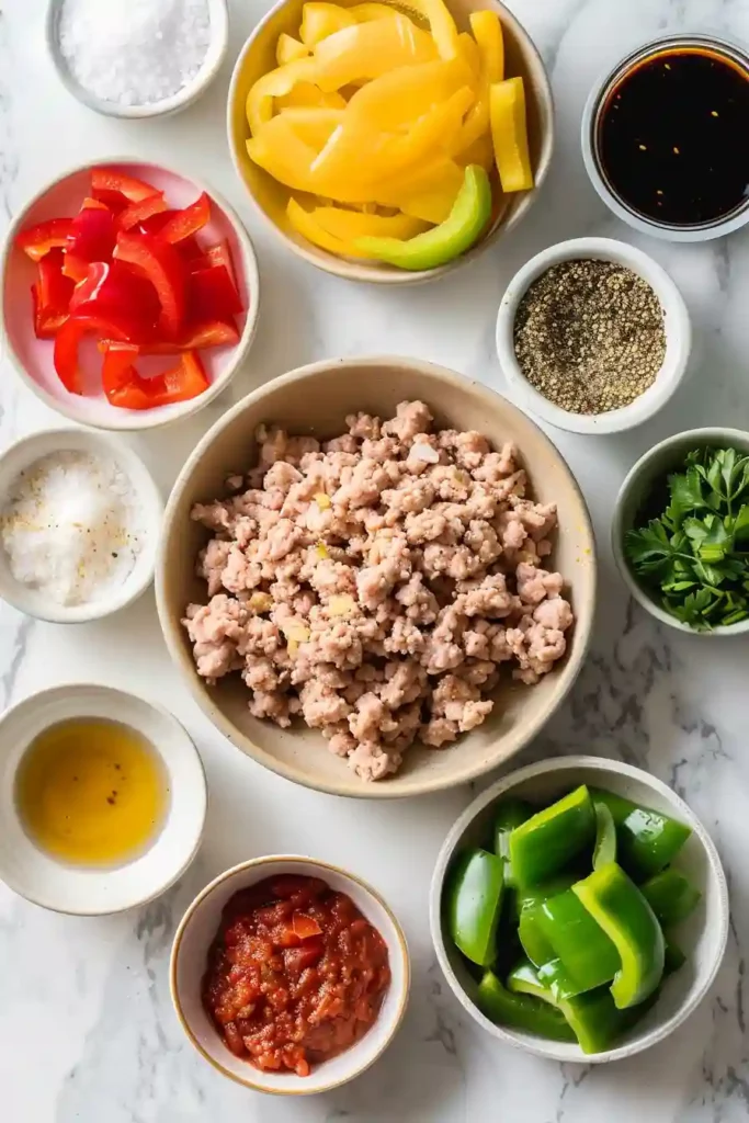 Flat lay of ground turkey, sliced red yellow green bell peppers, diced onion, garlic, and seasonings arranged in small bowls on a white marble countertop