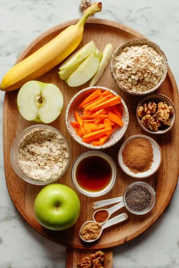 Overhead view of carrot apple cake ingredients arranged on a round wooden board