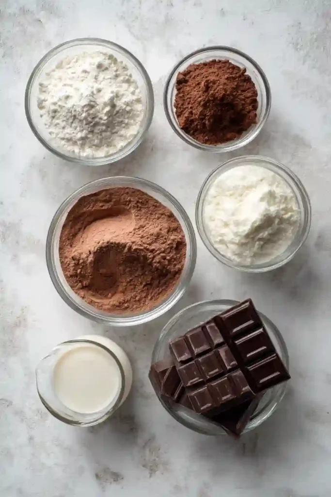 Healthy Chocolate Pudding 3 Measured ingredients for healthy chocolate pudding in glass bowls on a white marble countertop