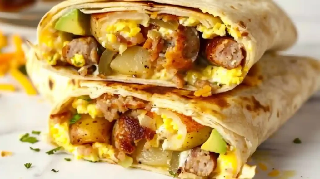 Close-up of a high-protein breakfast burrito cut in half showing eggs, sausage, cheese, potatoes, and avocado