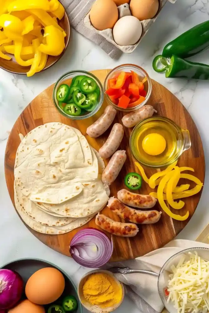 High Protein Breakfast Burrito Recipe: Fuel Your Morning the Healthy Way 3 Overhead view of breakfast burrito ingredients including eggs, sausage, onion, potatoes, cheese, avocado, and peppers on wooden board
