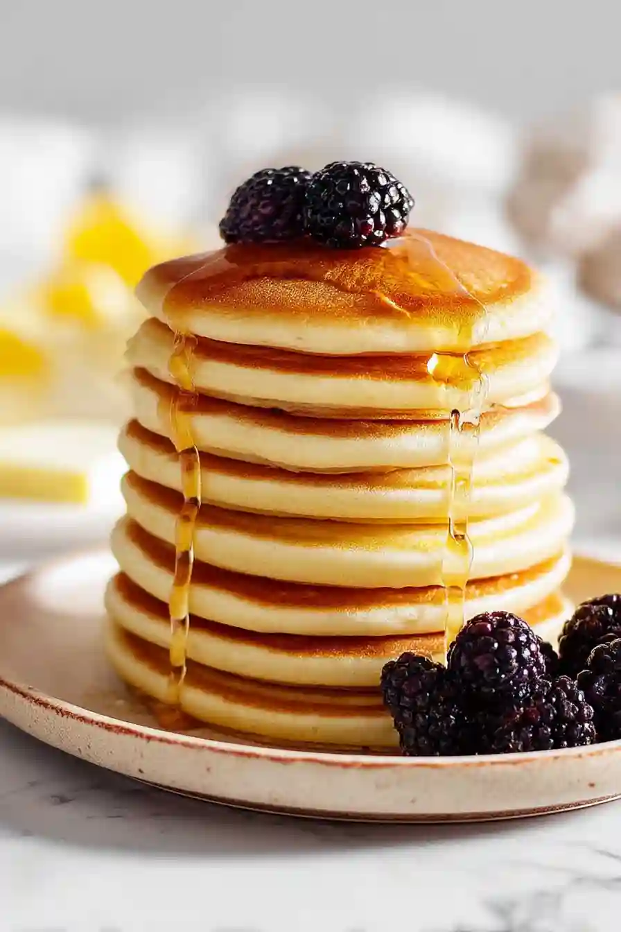 Thick stack of flourless protein pancakes with syrup and berries