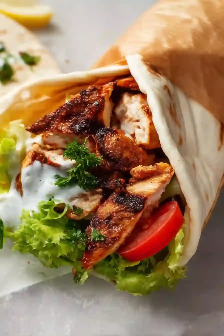Vertical shot of chicken shawarma wrap with juicy grilled chicken and fresh veggies