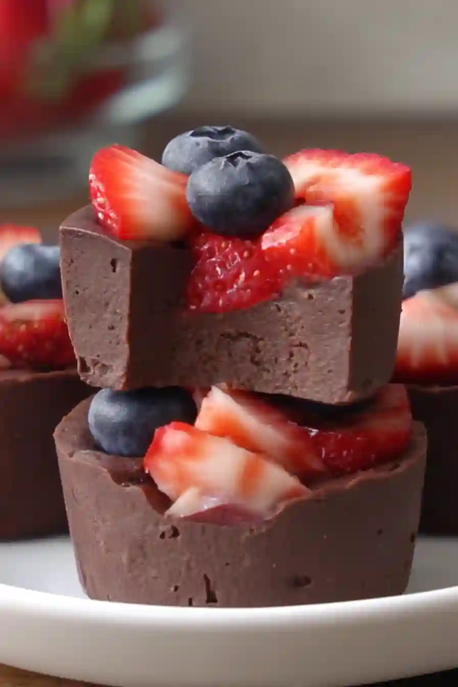 Stack of fudgy berry brownie bites with strawberries and blueberries close-up