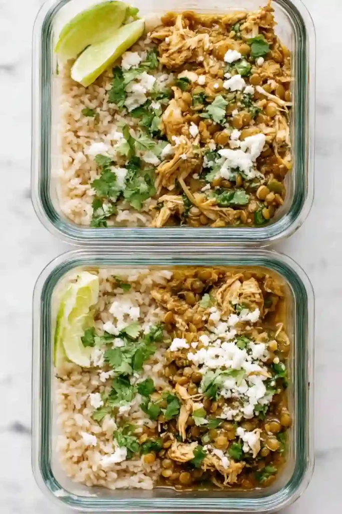 meal prep chicken lentil rice bowls in glass containers with lime wedge