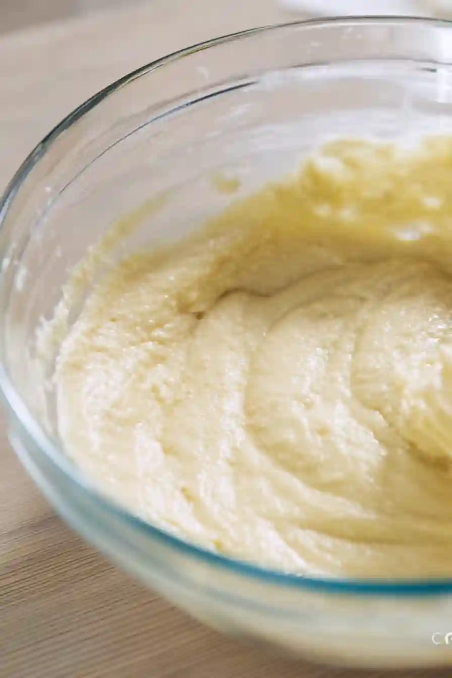 Thick pancake batter being mixed in a glass bowl