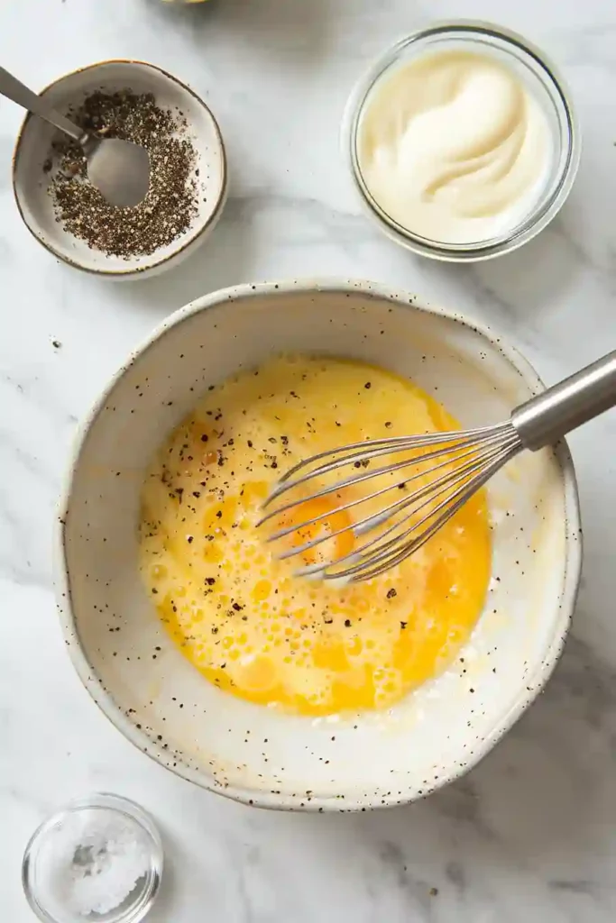 Scrambled Eggs with Avocado Toast 6 Eggs being whisked with cream, salt, and pepper in a bowl