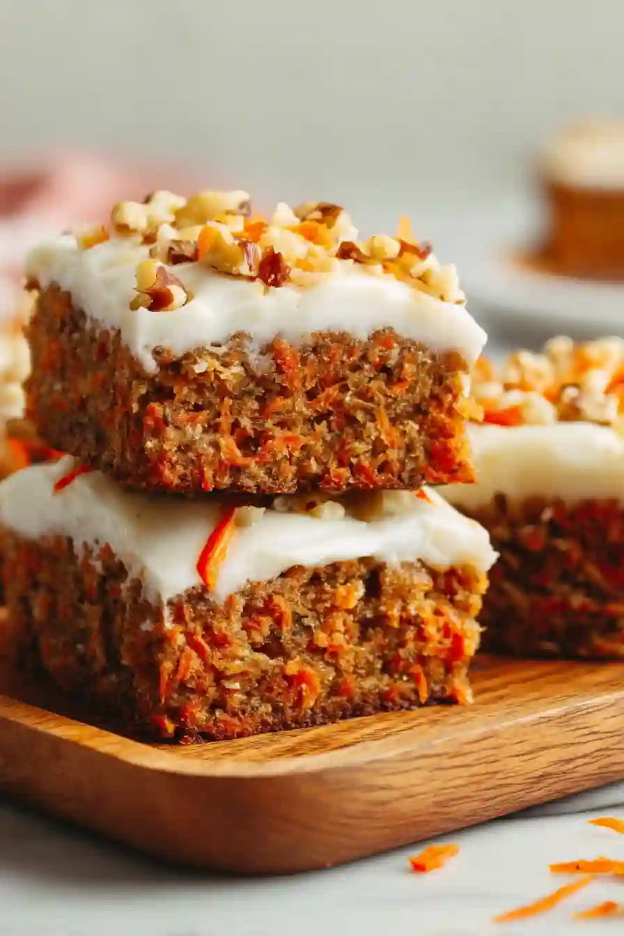 Vertical view of carrot apple snack cake with creamy frosting and nut topping