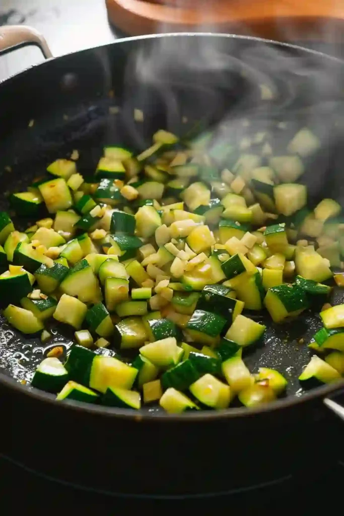 Diced zucchini cooking in skillet with garlic being added