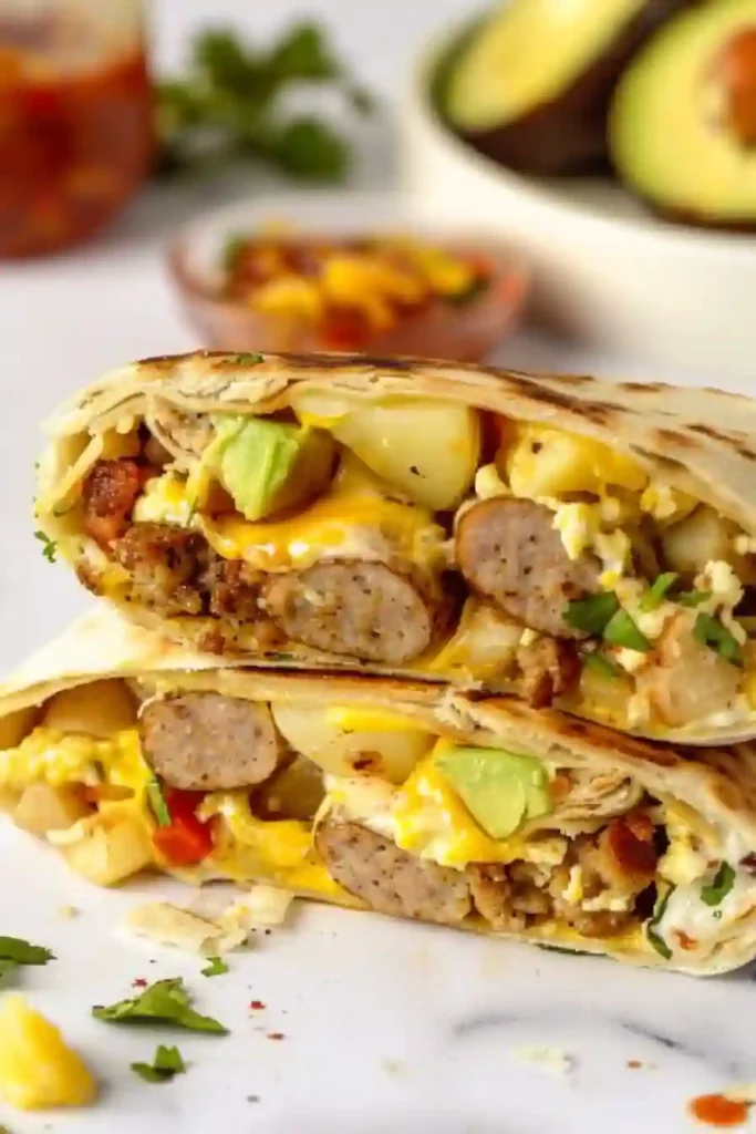 High Protein Breakfast Burrito Recipe: Fuel Your Morning the Healthy Way 5 Breakfast burrito halves served neatly showing sausage, eggs, cheese, potatoes filling
