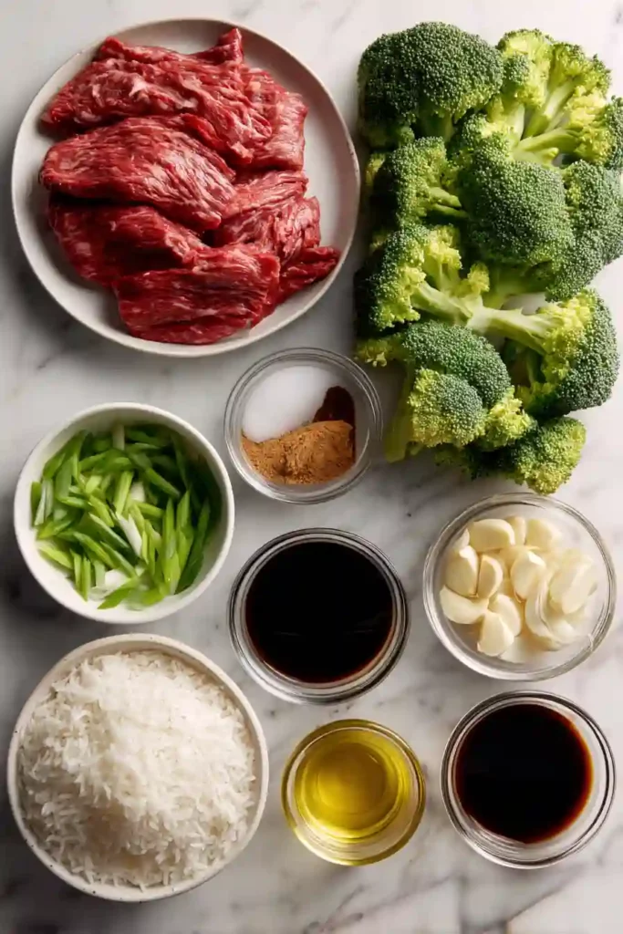 Raw ingredients for sesame beef and broccoli neatly arranged on marble countertop