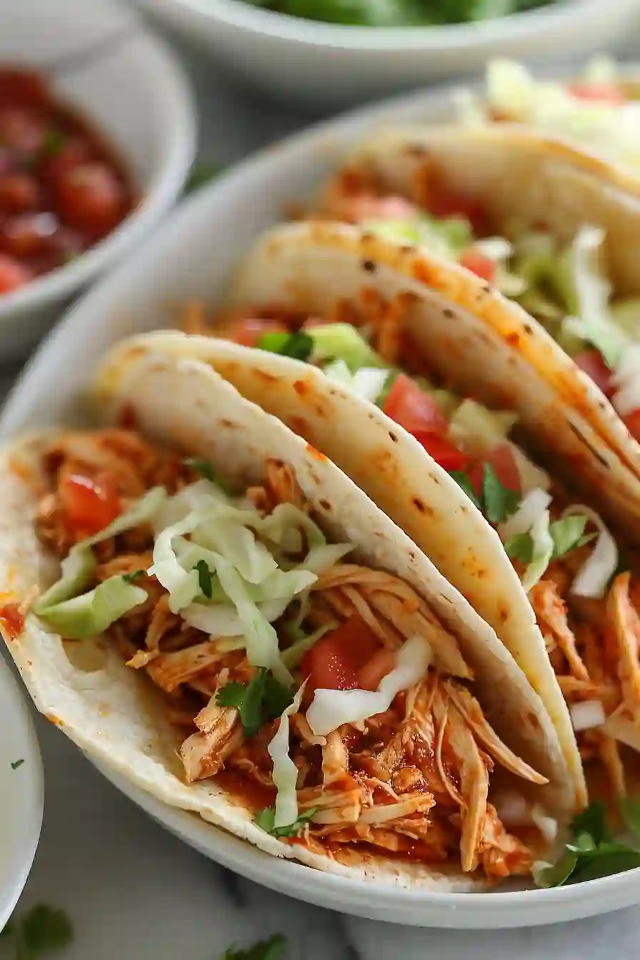 Shredded Chicken Tacos Close-Up Plate Close-up of chicken tacos with cilantro, tomatoes, and cabbage on flour tortillas