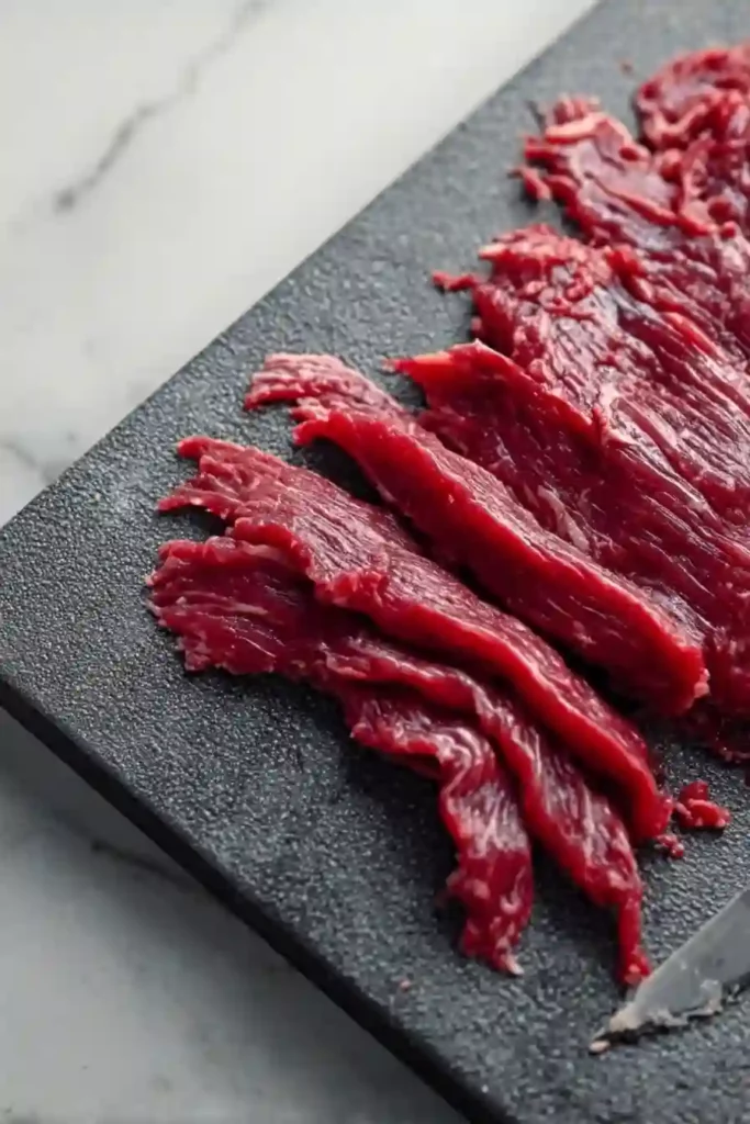 Thinly sliced raw beef on a black cutting board close-up