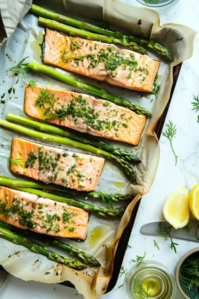 Healthy Sheet Pan Lemon-Herb Salmon with Asparagus Ready in 25 Min 5 Fresh asparagus added beside marinated salmon fillets on baking sheet