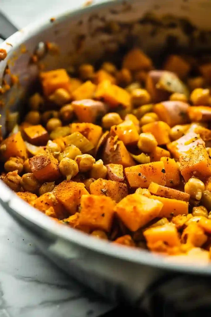 Sweet Potato and Chickpea Curry: Creamy Comfort with a Protein Boost 6 Cubed sweet potatoes and chickpeas coated in toasted curry spices