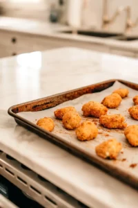 Crispy Healthy Chicken Nuggets (Air Fryer or Baked) 10 Golden chicken nuggets cooking in oven and air fryer until crispy